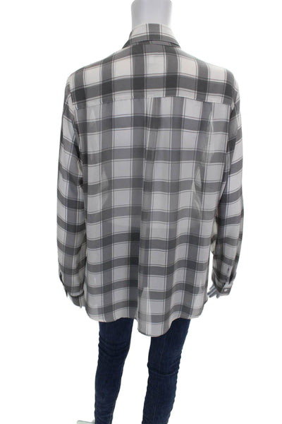 Foxcroft Women White Plaid Collared Button-Up Long Sleeve Top Size 12