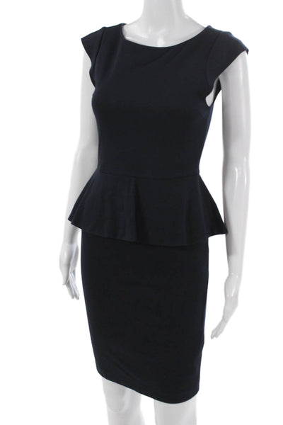 Alice + Olivia Women Pencil Dress Blue Boat Neck Short Sleeve Rayon Zip Size 4