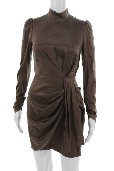 Zimmermann Women Mini Silk High Neck Long Sleeve Brown Zip Dress Size 0