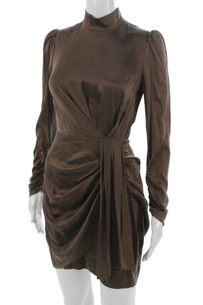 Zimmermann Women Mini Silk High Neck Long Sleeve Brown Zip Dress Size 0