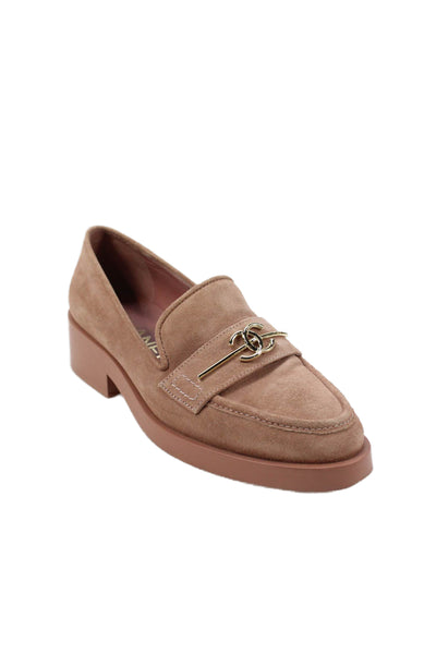 Chanel Womens Slip On Block Heel Interlocking CC Loafers Brown Suede Size 35.5