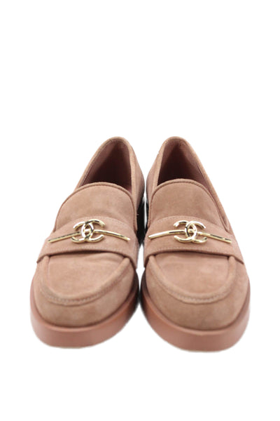 Chanel Womens Slip On Block Heel Interlocking CC Loafers Brown Suede Size 35.5