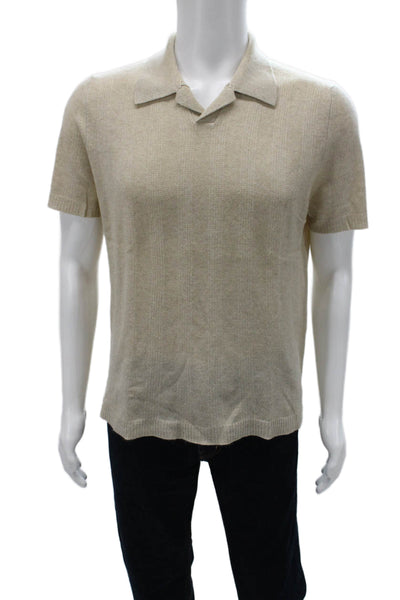 Tse Mens Polo Beige Silk Collared Herringbone Short Sleeve Pullover Size M