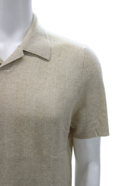 Tse Mens Polo Beige Silk Collared Herringbone Short Sleeve Pullover Size M