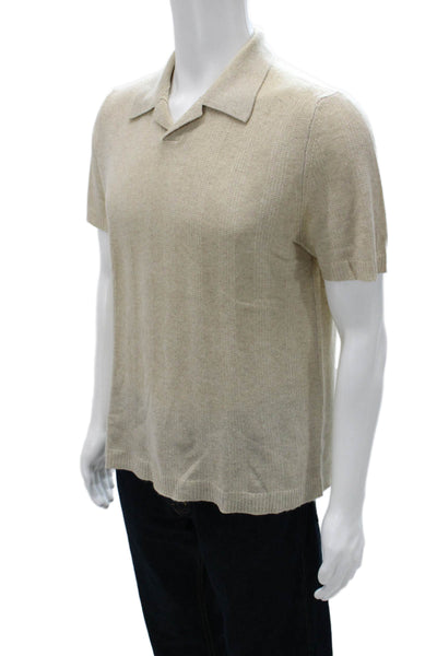 Tse Mens Polo Beige Silk Collared Herringbone Short Sleeve Pullover Size M