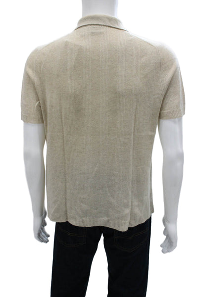 Tse Mens Polo Beige Silk Collared Herringbone Short Sleeve Pullover Size M