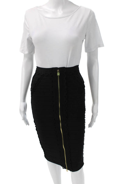 Herve Leger Women Bandage Skirt Black Rayon Knee Length Zip Size 2XS