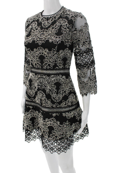Alexis Womens Fit & Flare Floral Knee Length Black Dress 3/4 Sleeve Size XS