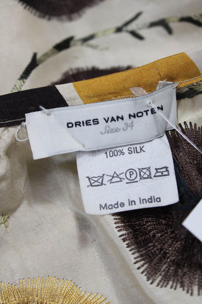 Dries Van Noten Womens A-Line Silk Floral Short Skirt Beige Button Size 42