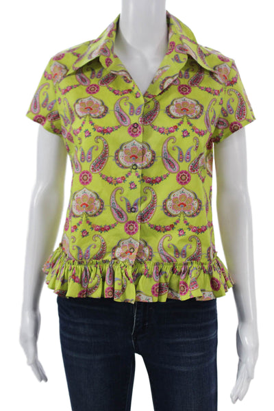 Etro Milano Womens Green Paisley Cotton Collared Short Sleeve Blouse Size 44