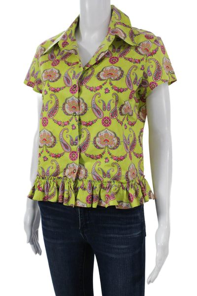 Etro Milano Womens Green Paisley Cotton Collared Short Sleeve Blouse Size 44