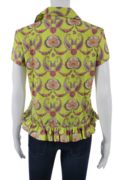 Etro Milano Womens Green Paisley Cotton Collared Short Sleeve Blouse Size 44