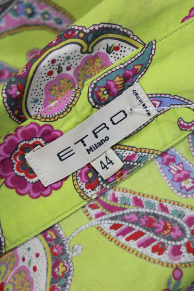 Etro Milano Womens Green Paisley Cotton Collared Short Sleeve Blouse Size 44