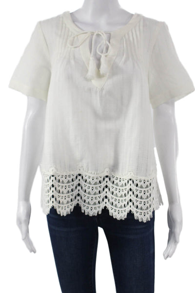 Maven West Womens Tunic Blouse White Linen V-Neck Short Sleeve Size S