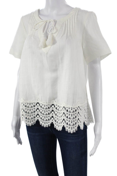 Maven West Womens Tunic Blouse White Linen V-Neck Short Sleeve Size S