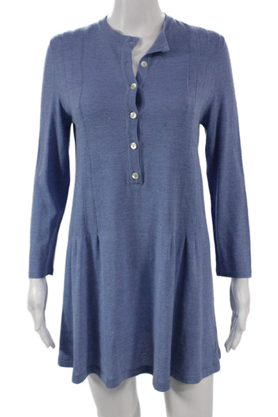 Giorgio Villa Women Blue Knit Henley Shift Dress Long Sleeve Size S