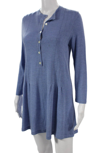 Giorgio Villa Women Blue Knit Henley Shift Dress Long Sleeve Size S