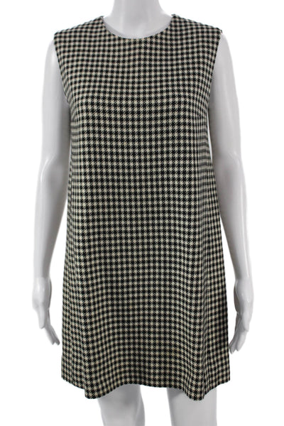 Designer Women Shift Dress Black Houndstooth Wool Blend Sleeveless Zip Size M