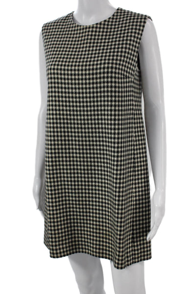 Designer Women Shift Dress Black Houndstooth Wool Blend Sleeveless Zip Size M