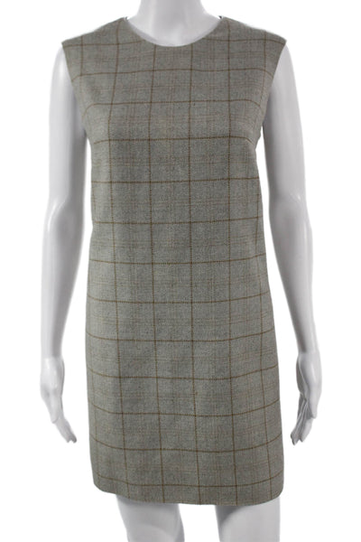 Designer Womens Shift Dress Gray Wool Blend Sleeveless Check Zip Size S