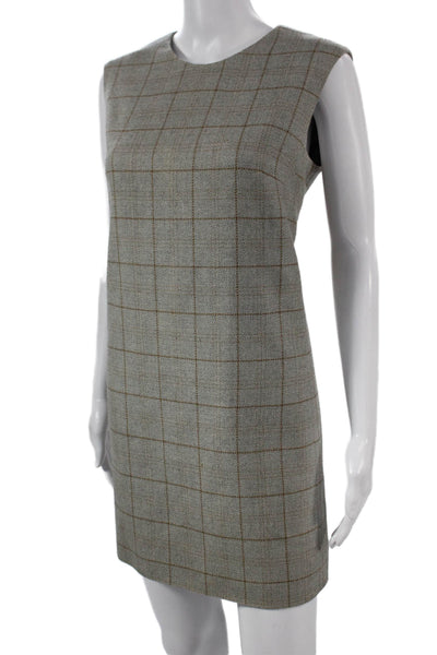 Designer Womens Shift Dress Gray Wool Blend Sleeveless Check Zip Size S