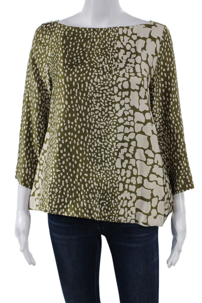 J Crew Women Silk Green Animal Print Boat Neck 3/4 Sleeve Basic Blouse Size 8