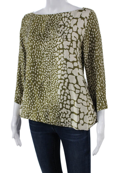 J Crew Women Silk Green Animal Print Boat Neck 3/4 Sleeve Basic Blouse Size 8