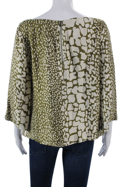 J Crew Women Silk Green Animal Print Boat Neck 3/4 Sleeve Basic Blouse Size 8