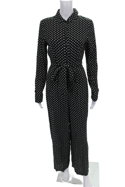 GB Womens Black Floral Rayon Collared Jumpsuit Long Sleeve Button Size S