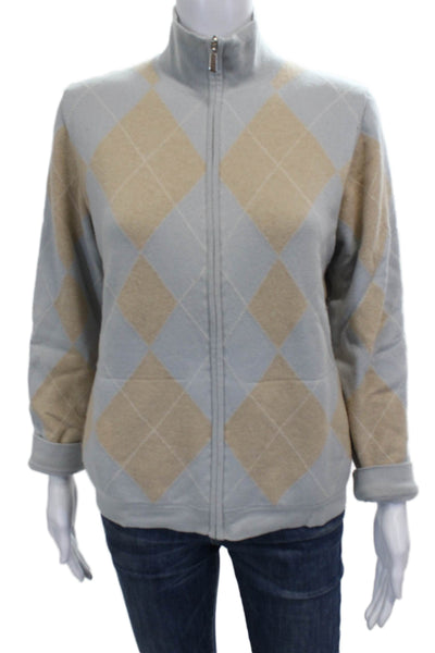 Malo Women Full Zip Cashmere Blend Argyle Mock Neck Sweater Size S