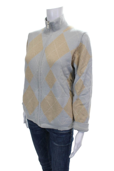 Malo Women Full Zip Cashmere Blend Argyle Mock Neck Sweater Size S