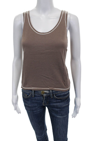 Leggiadro Womens Ringer Tank Brown Cotton Scoop Neck Sleeveless Size M