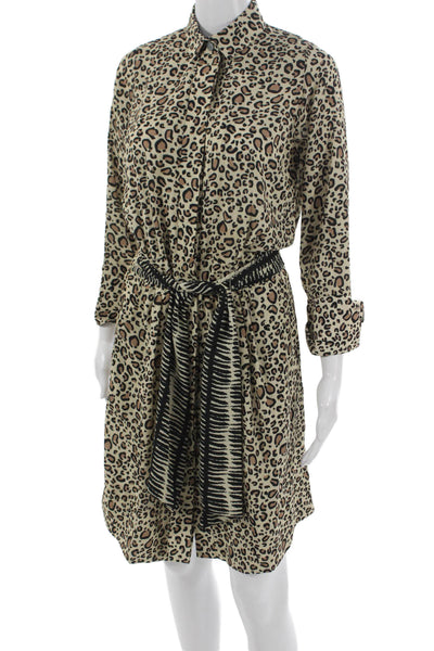 Gretchen Scott Womens Beige Animal Print Shirt Dress Collared 3/4 Sleeve Size S