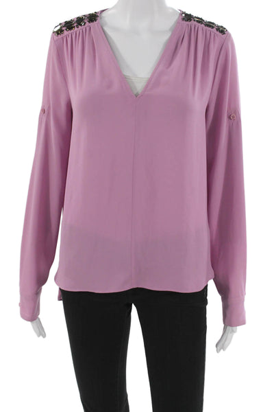 BCBGMAXAZRIA Women V Neck Long Sleeve Basic Pink Polyester Blouse Size XS