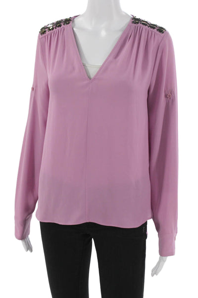 BCBGMAXAZRIA Women V Neck Long Sleeve Basic Pink Polyester Blouse Size XS