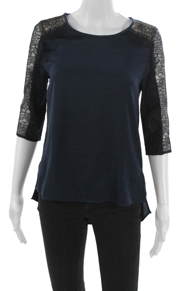 BCBGMAXAZRIA Womens Basic Blue Polyester Round Neck 3/4 Sleeve Blouse Size XS