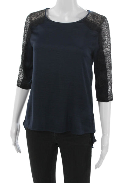 BCBGMAXAZRIA Womens Basic Blue Polyester Round Neck 3/4 Sleeve Blouse Size XS