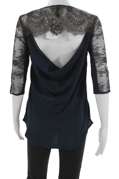BCBGMAXAZRIA Womens Basic Blue Polyester Round Neck 3/4 Sleeve Blouse Size XS