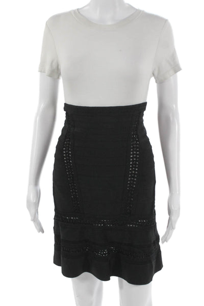 Herve Leger Womens Bandage Skirt Black Knit Blend Zip Knee Length Size S