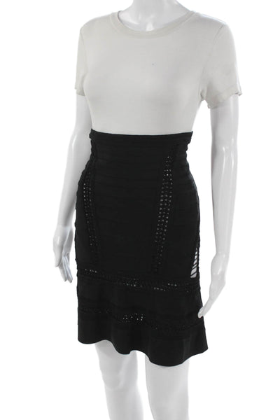 Herve Leger Womens Bandage Skirt Black Knit Blend Zip Knee Length Size S