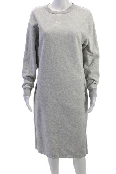 Puma Women Gray Cotton Sweater Dress Long Sleeve Crew Neck Pullover Size M