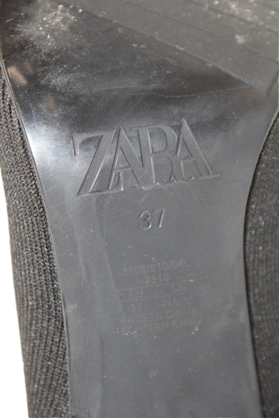 Zara Womens Square Toe Knit Heeled Ankle Boots Black Size 7
