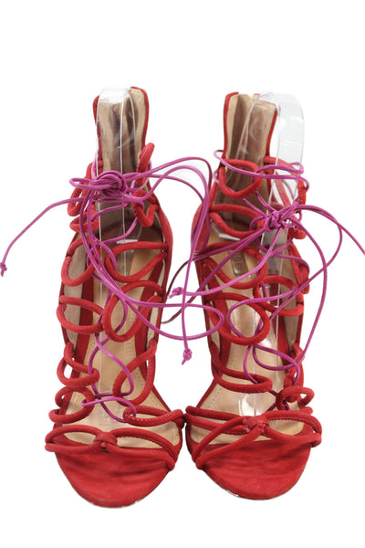Schutz Womens Suede Zippered Lace-Up Heeled Sandals Red Size 6.5