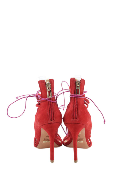 Schutz Womens Suede Zippered Lace-Up Heeled Sandals Red Size 6.5