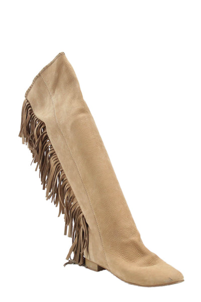 Zara Woman Womens Suede Fringed Flat Knee-High Boots Brown Size 7