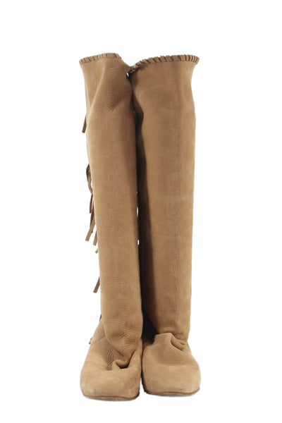Zara Woman Womens Suede Fringed Flat Knee-High Boots Brown Size 7