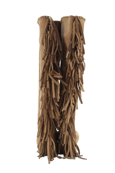 Zara Woman Womens Suede Fringed Flat Knee-High Boots Brown Size 7