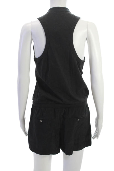 ATM Women Playsuit Black Silk Collared Sleeveless Button Size S