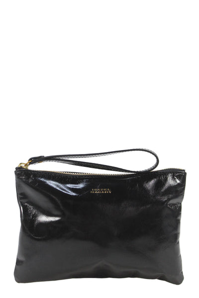 Isabel Marant Womens Zip Top Logo Front Leather Wristlet Handbag Black