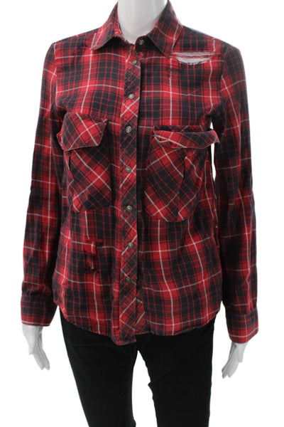 Zara Women Red Plaid Cotton Collared Button-Up Long Sleeve Basic Blouse Size S